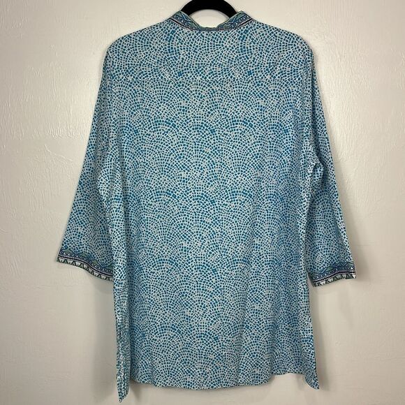 Foxcroft Border Trim Cotton Wrinkle Free Tunic Top In Lagoon Multi Size 18 - Picture 4 of 9